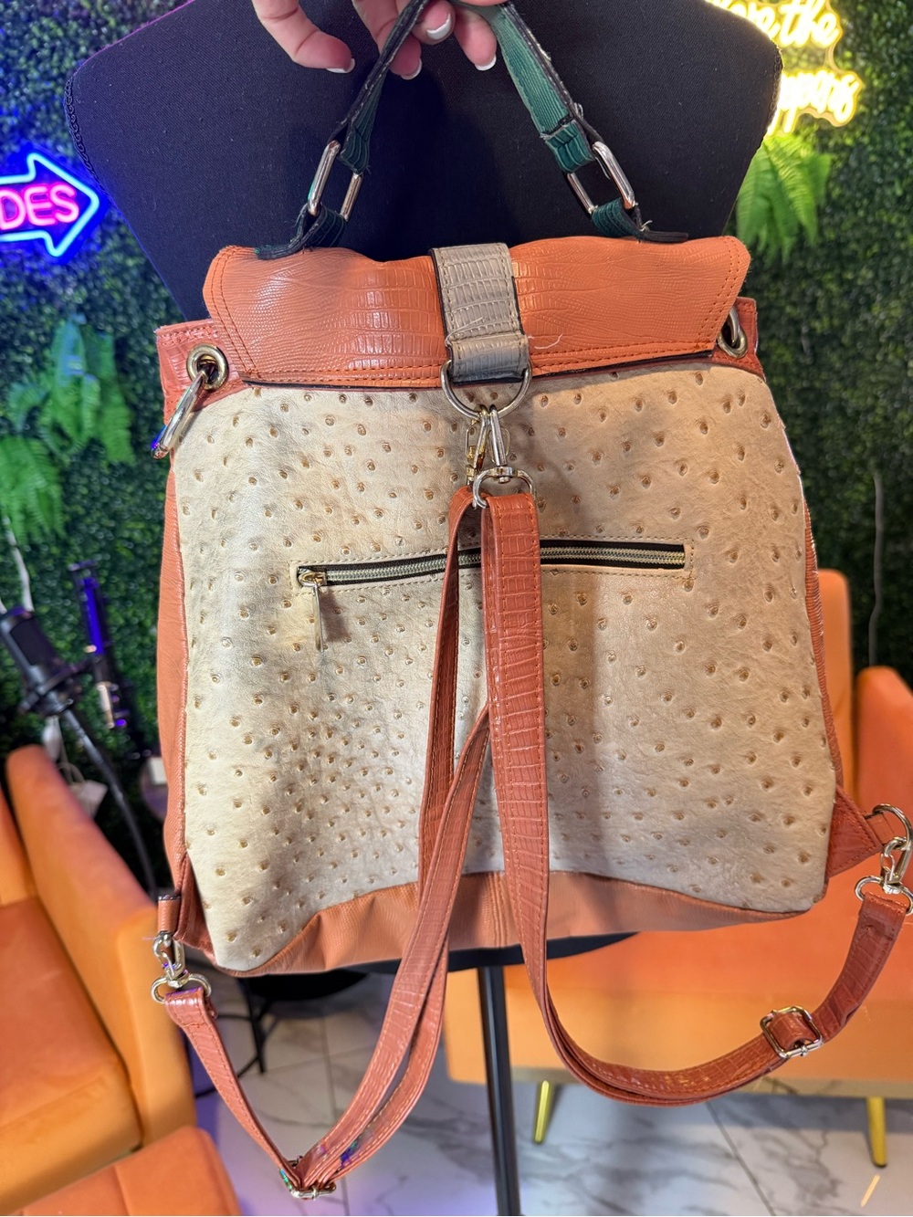 Multi-Color Textured Leather Backpack - Tan, Cream & Green - Picture 6 of 7
